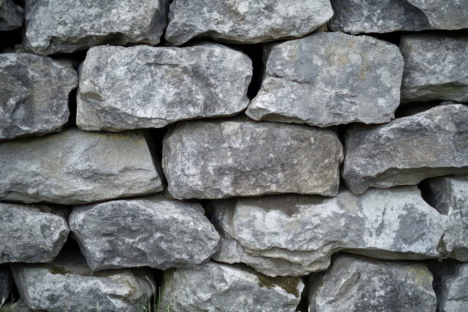 A sturdy wall built from large gray stones is displayed in natural light showcasing its rugged texture and arrangement.