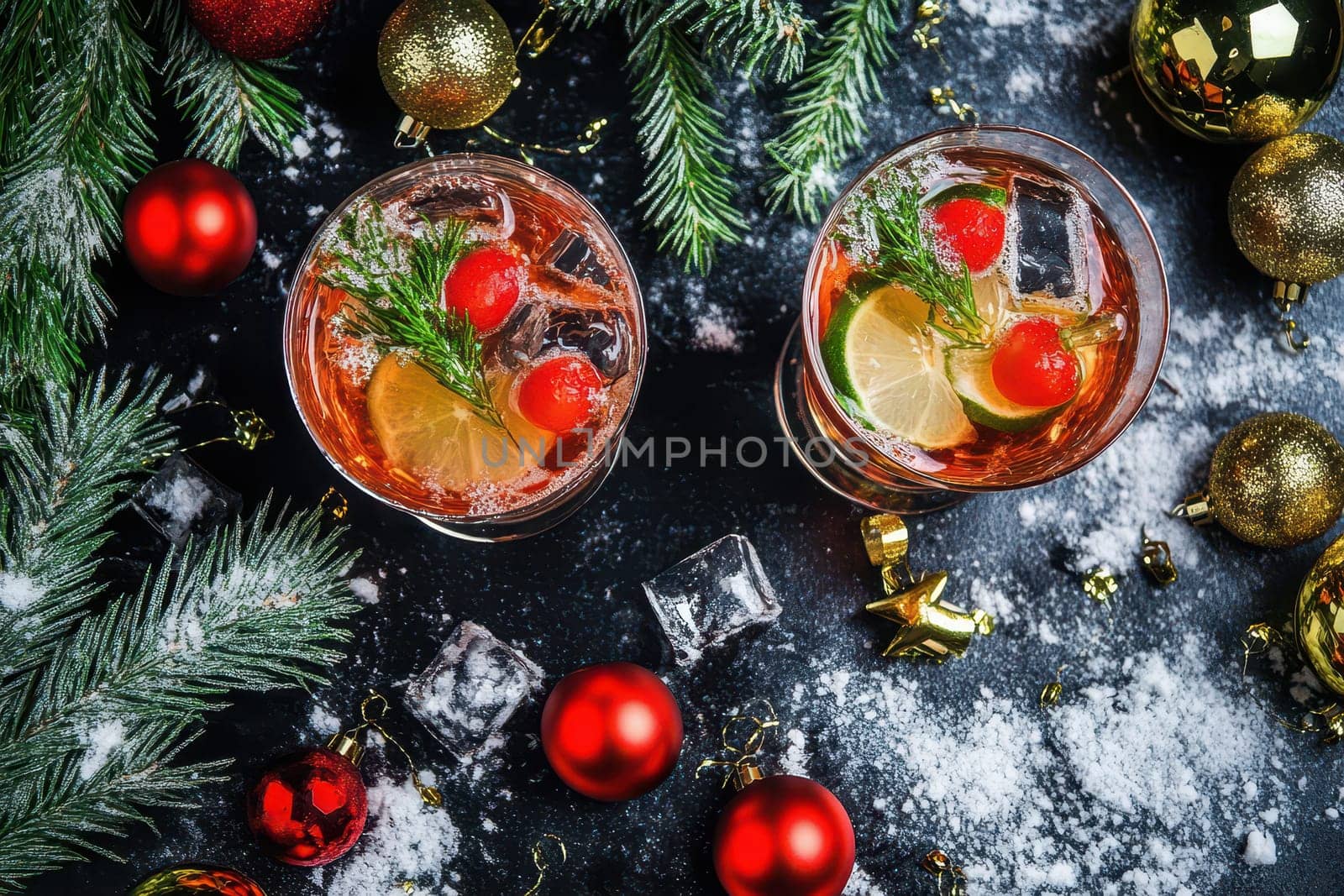 Two vibrant cocktails with ice cherries and lime sit among festive ornaments on a snowy black surface ready for celebration.