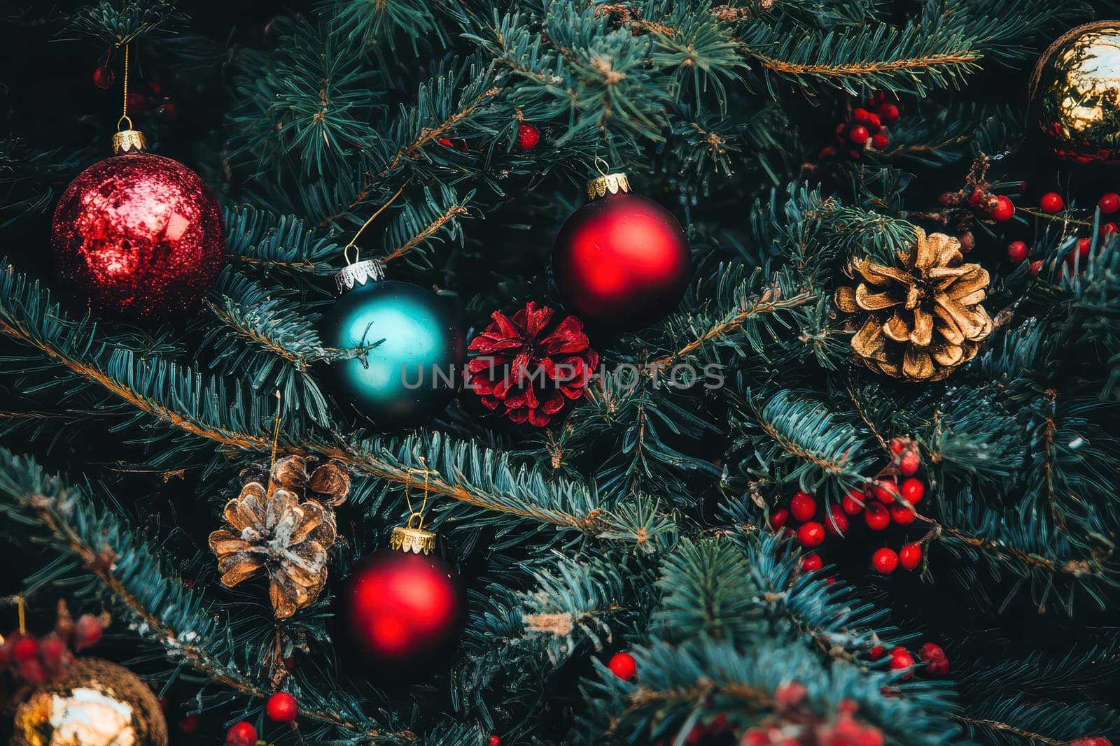 The holiday tree showcases bright ornaments and pinecones surrounded by green branches and red berries creating a festive atmosphere.