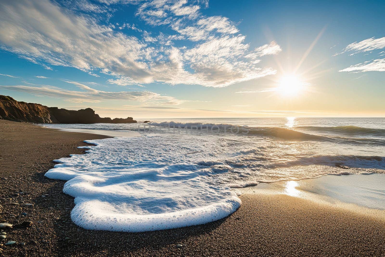 Waves softly lap against the sandy shore as the sun sets casting a warm glow over the tranquil beach landscape.