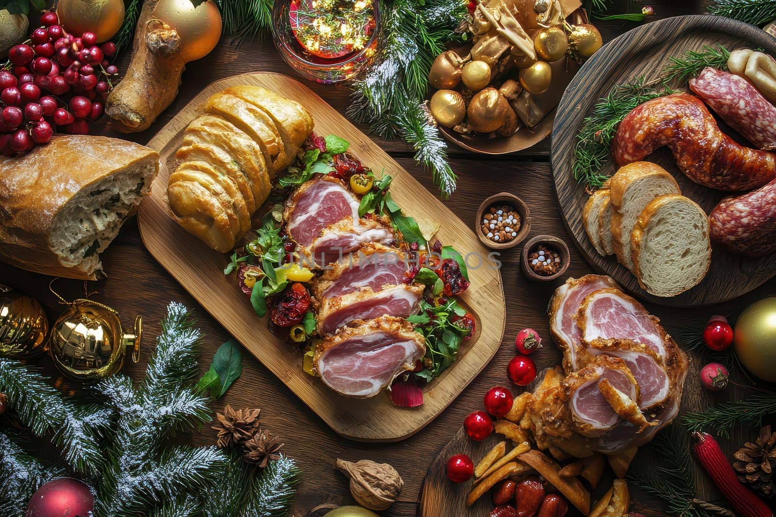 A beautifully arranged holiday table features various meats colorful salads and festive decorations creating a warm and inviting atmosphere.