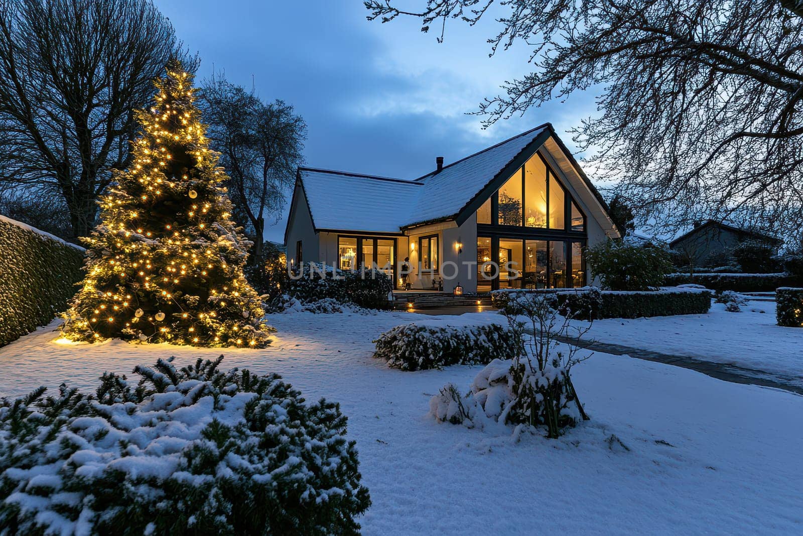 Snow covers the ground as a charming house shines with warm lights and a festive tree in the yard creating a peaceful winter ambiance.