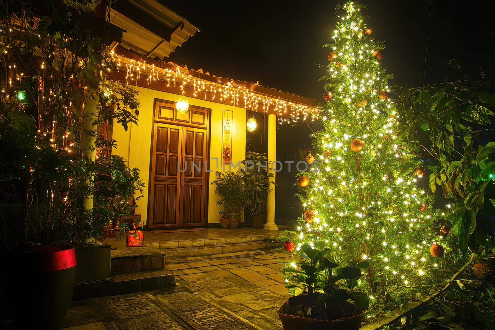A beautifully decorated Christmas tree shines with lights next to a warmly lit home during the festive night creating a joyful atmosphere outside.