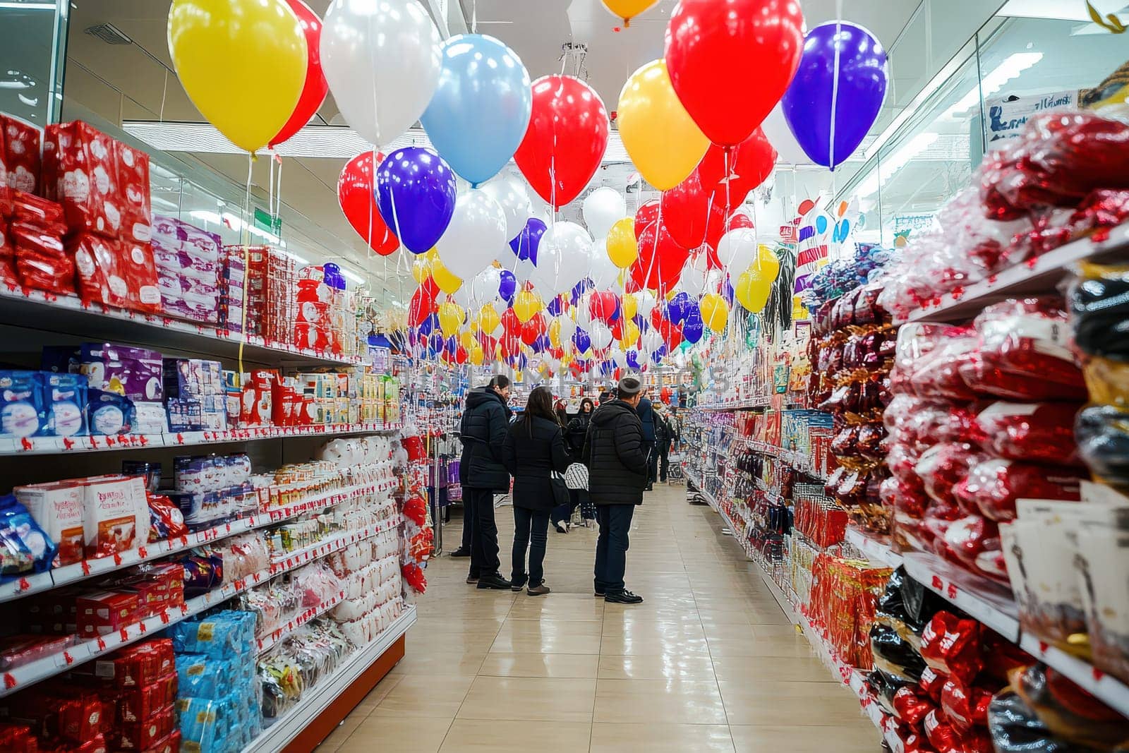 Shoppers browse through a vibrant aisle filled with colorful balloons and various party supplies in a busy store.