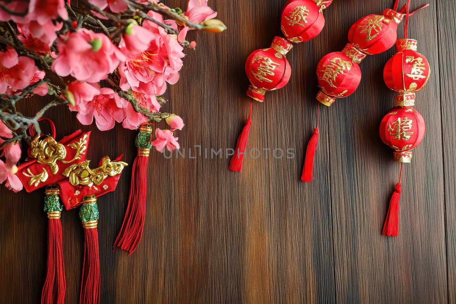 Bright red lanterns and pink flowers are arranged beautifully on a wooden surface creating a festive atmosphere for decoration.