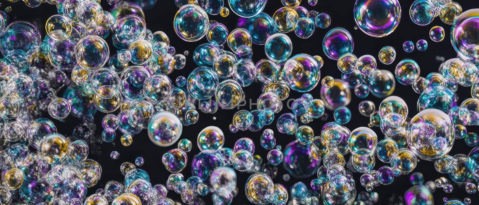 Colorful soap bubbles of different sizes float gracefully against a dark background crafting a whimsical vibrant scene.