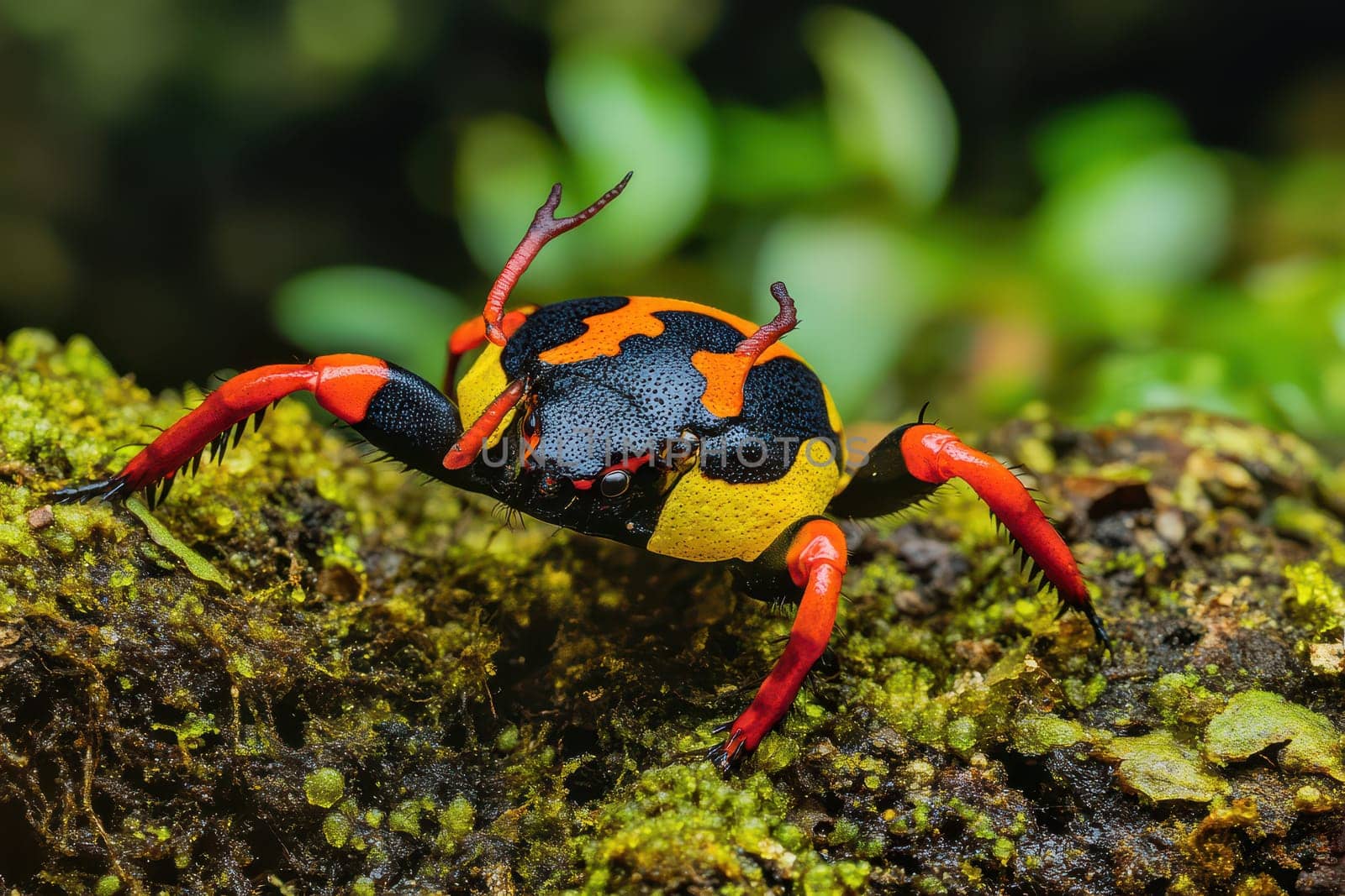 A vibrant crab with black orange and yellow colors perches on a moss covered rock in a lush tropical forest during daylight.