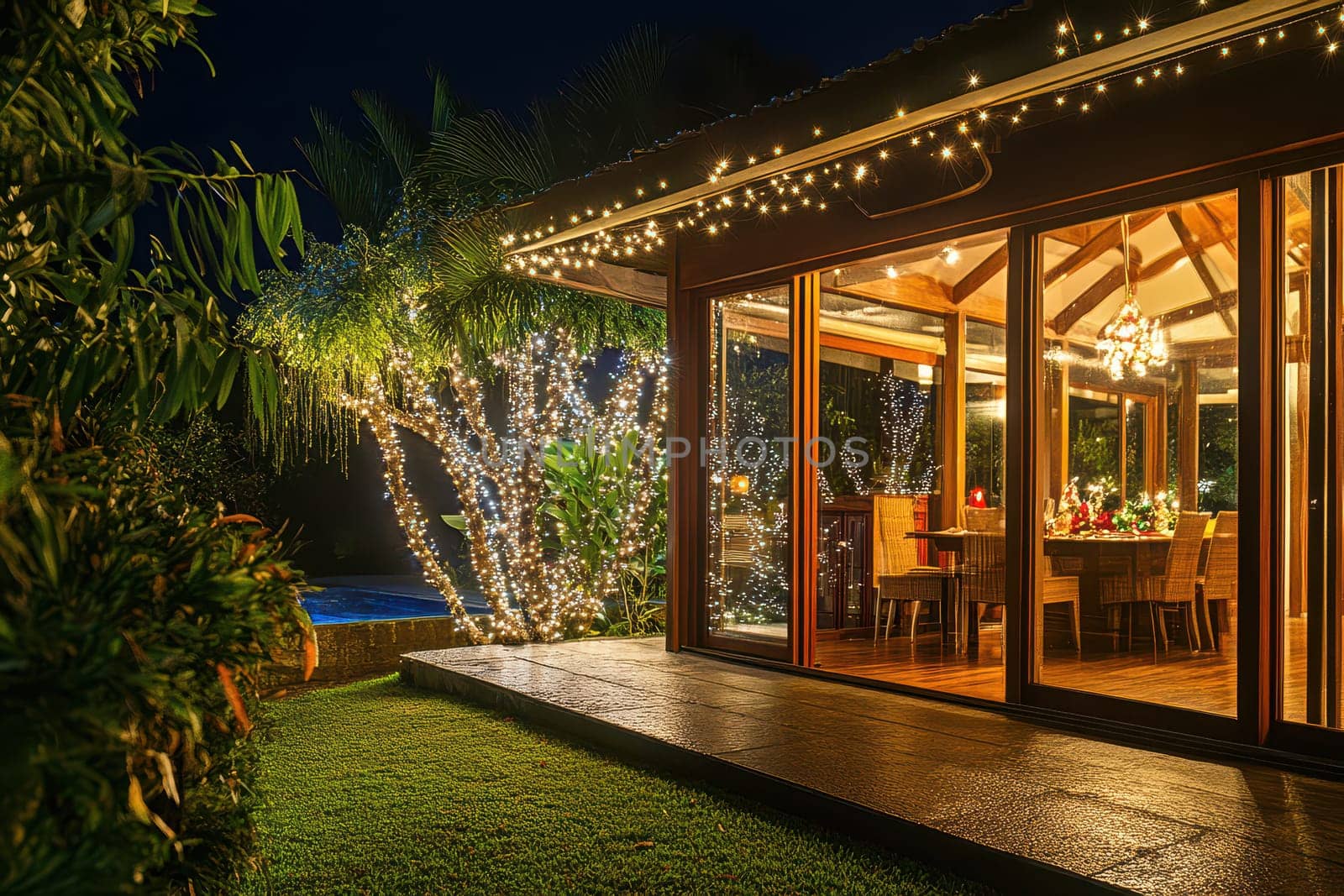 The elegant dining area features string lights and a beautiful garden perfect for a cozy evening gathering by the poolside.