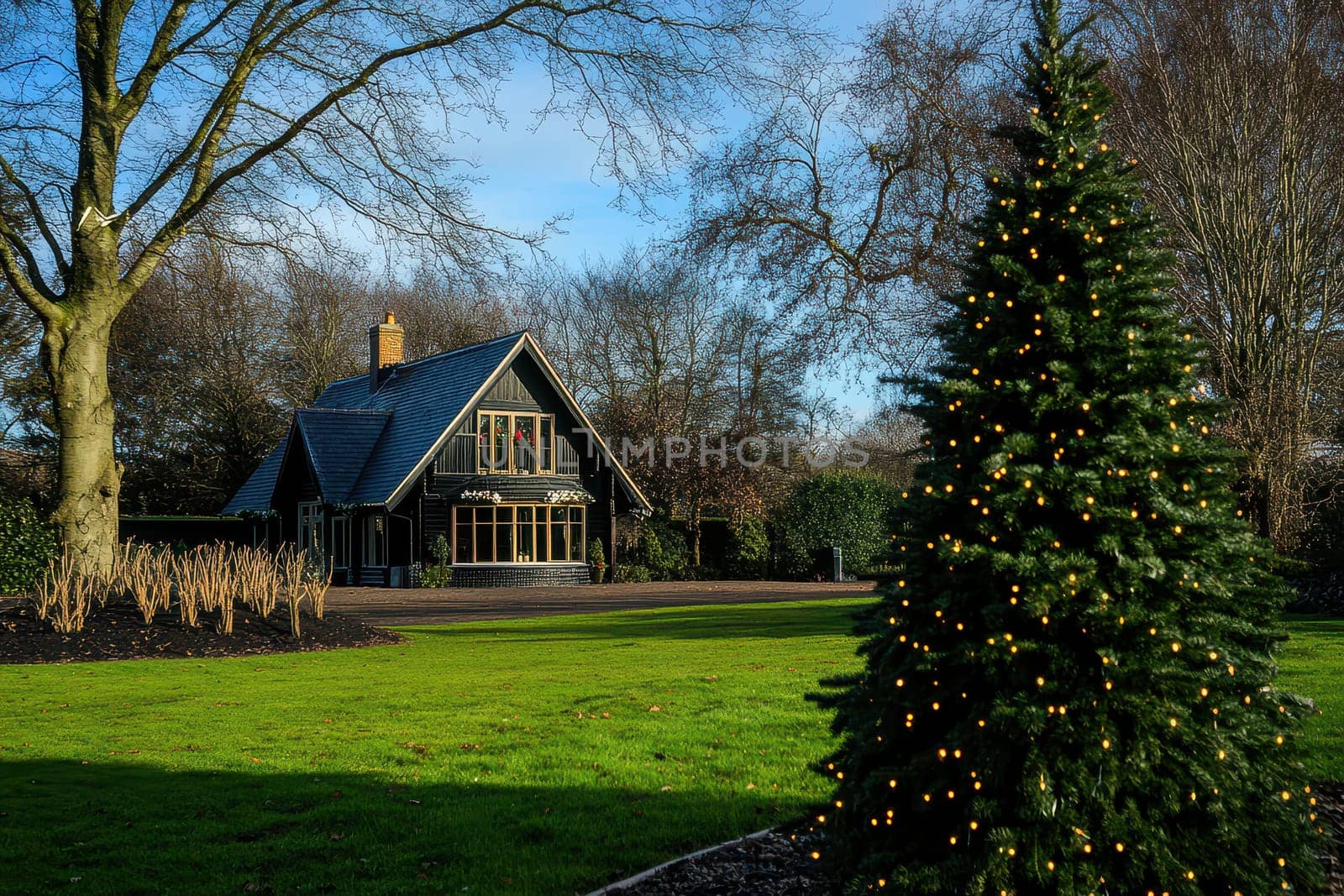 A charming house is surrounded by a winter garden with a beautiful Christmas tree adorned with lights in the foreground.