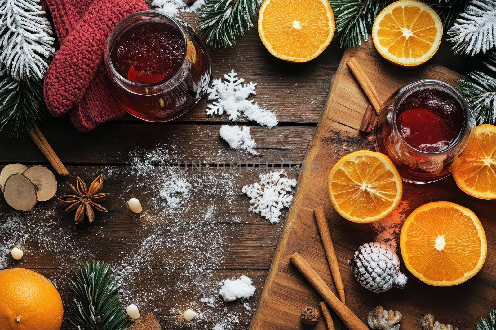 A cozy setup featuring warm drinks fresh oranges cinnamon and holiday decorations creates a festive atmosphere perfect for winter gatherings.