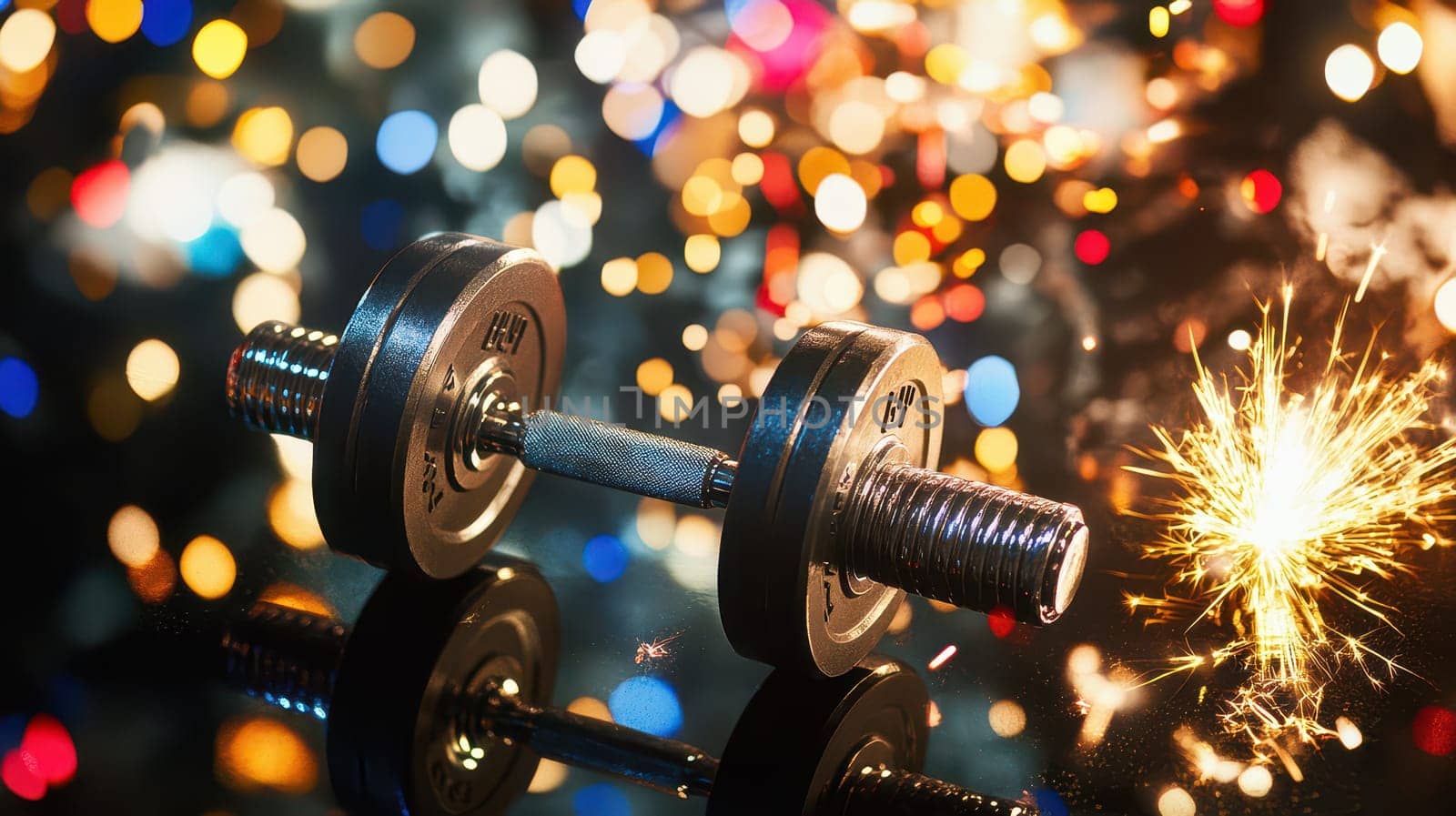 A dumbbell rests on a reflective surface amidst colorful sparkling lights creating a vibrant atmosphere perfect for fitness motivation.