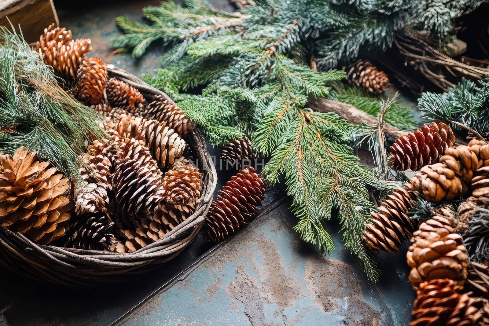 A basket filled with pinecones alongside fresh evergreen branches creating a cozy winter decoration perfect for the season.