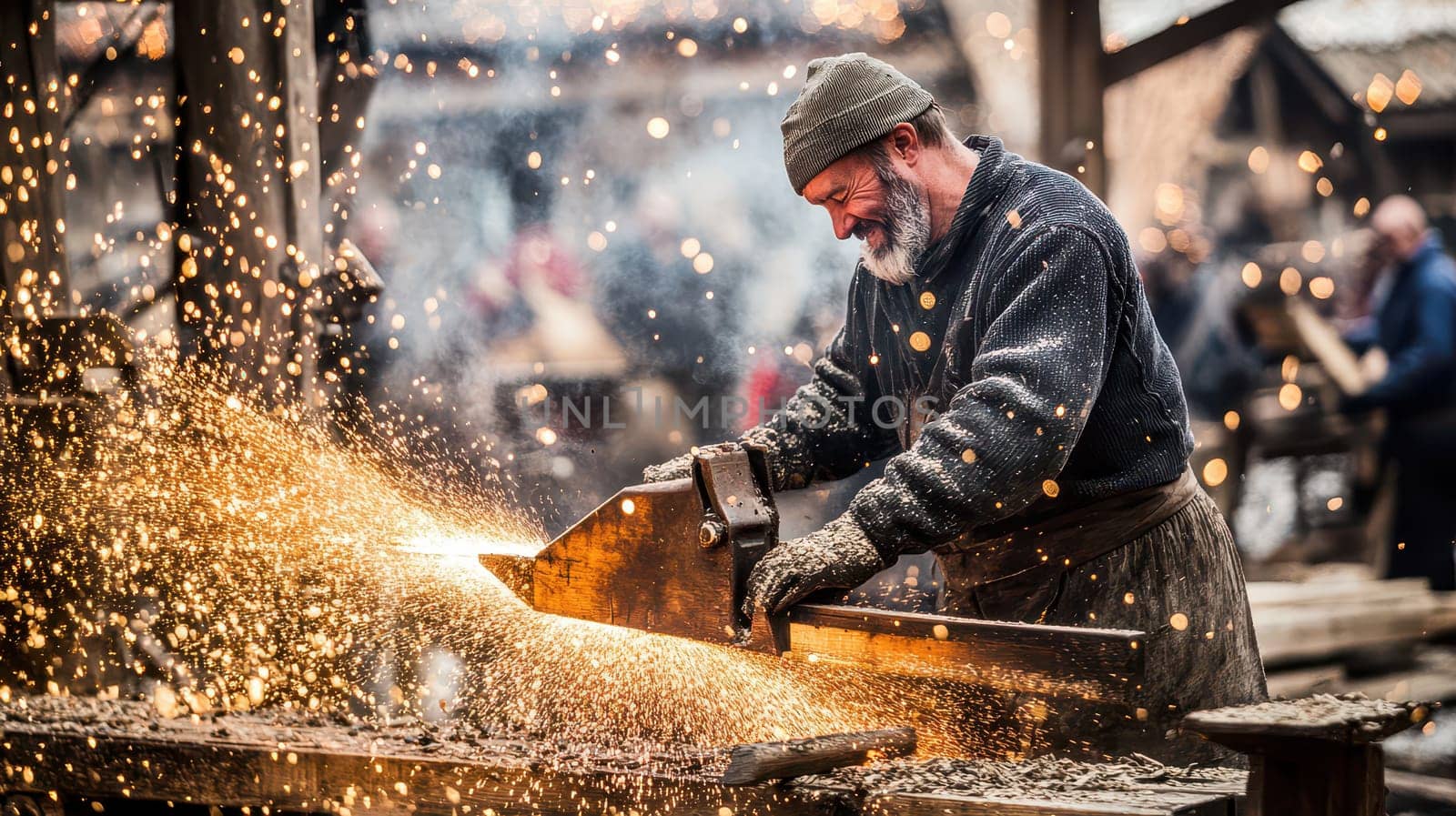 A skilled craftsman is shaping metal in a forge creating bright sparks that illuminate the workshop during a busy day.