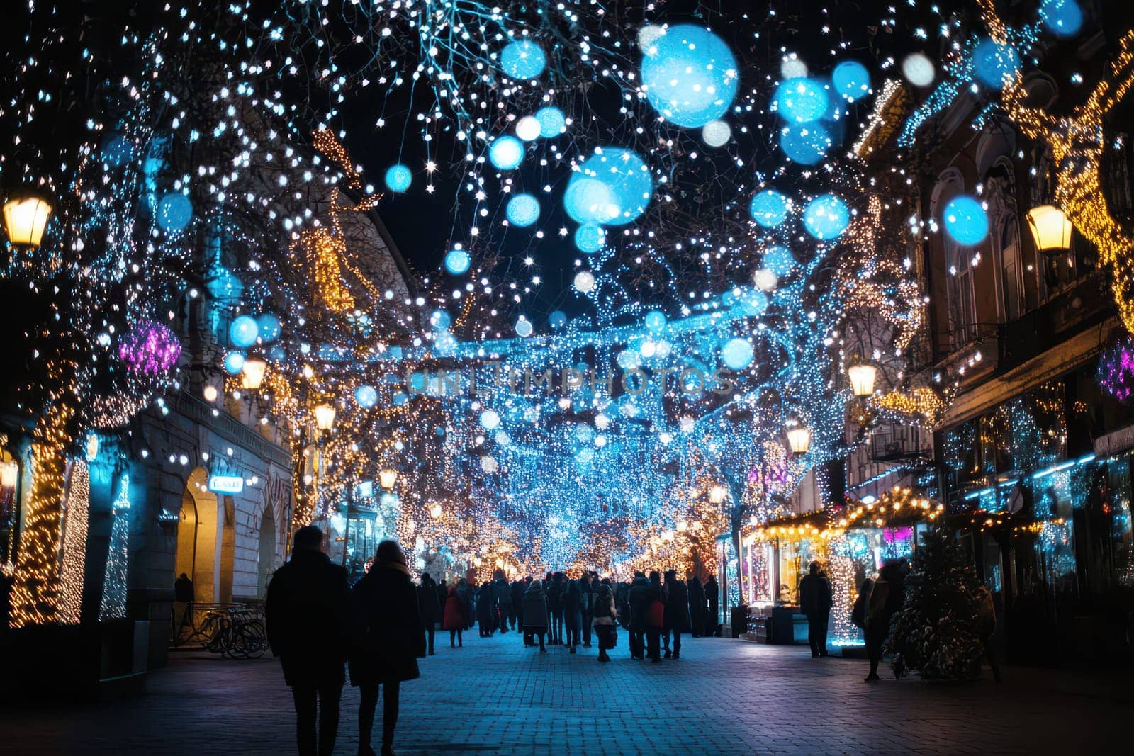 People stroll through a beautifully lit street adorned with blue and white lights creating a festive winter atmosphere at night.