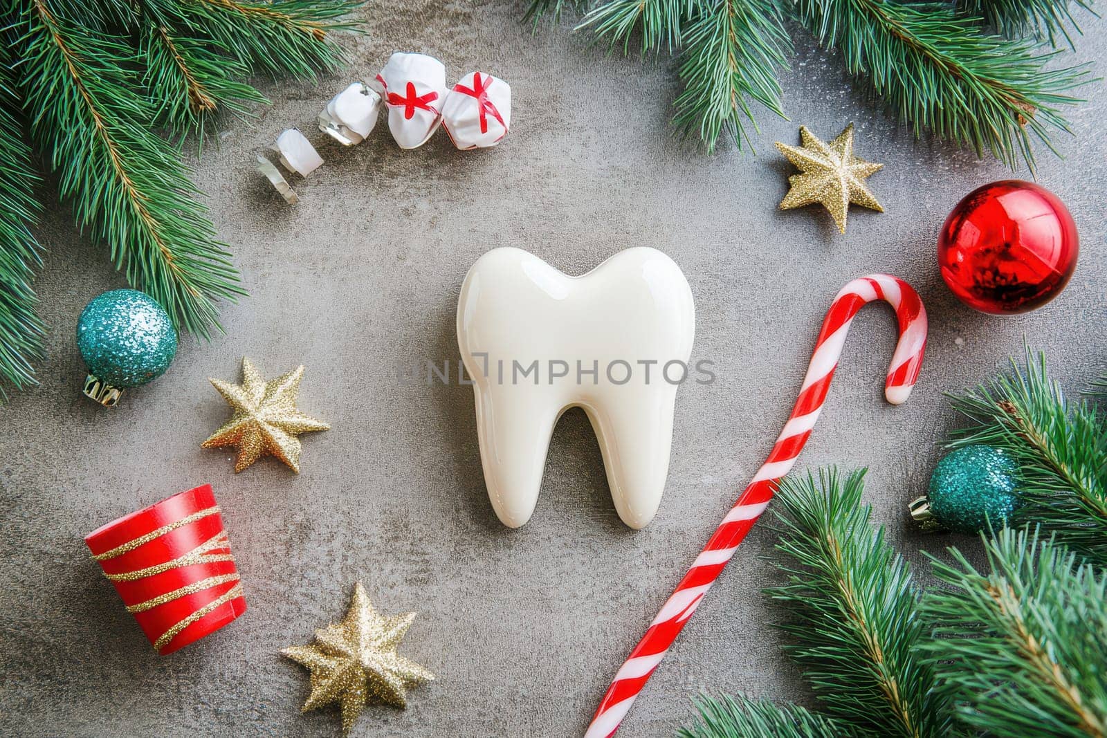 A festive arrangement features a white tooth surrounded by ornaments candy canes and pine branches capturing a playful holiday spirit.