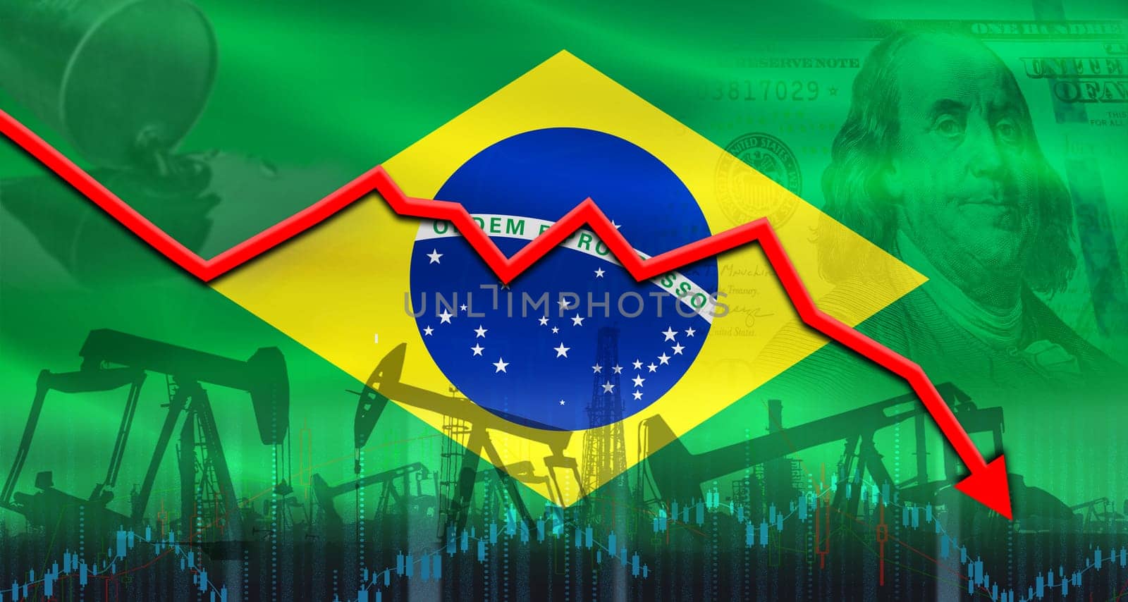 Fall oil price with flag of Brazil on economic chart. Petrol crisis with Brazil flag on financial graph