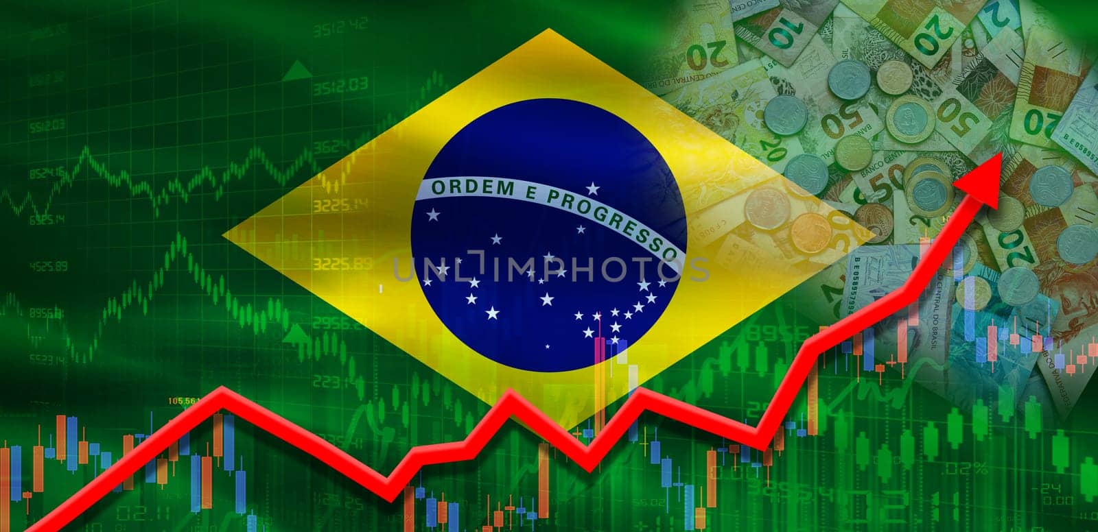Brazil financial growth on market graph. Brazil economy growth on financial trade