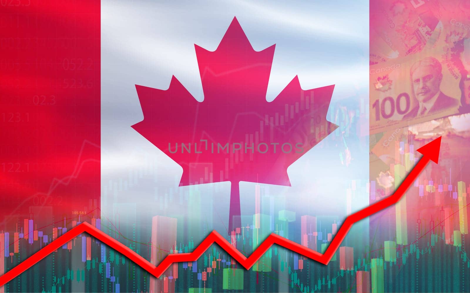 Canada flag on financial growth graph. Canada economy growth on financial graph