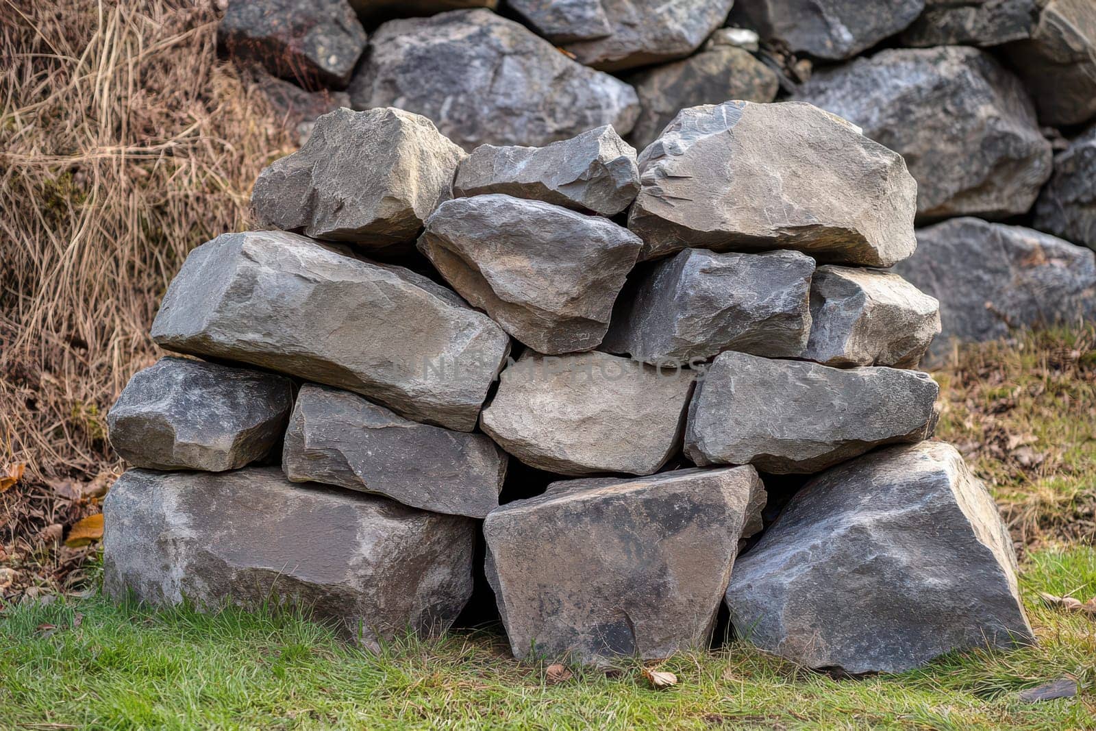 A carefully arranged pile of large stones sits on green grass near a rustic stone wall showcasing natures beauty and design.