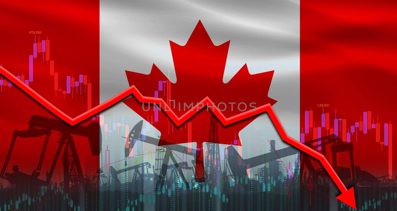 Oil production crisis with Canadian flag. Oil crisis with Canada flag on economic graph