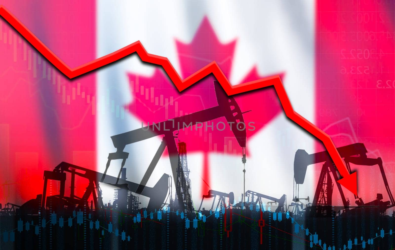 Oil crisis with Canada flag on economic graph. Oil production crisis with Canadian flag