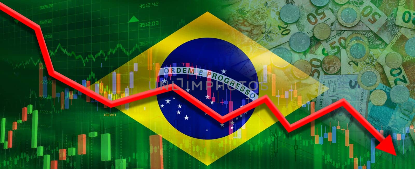 Financial fall of brazil on economy market. Brazil financial crisis on economic graph