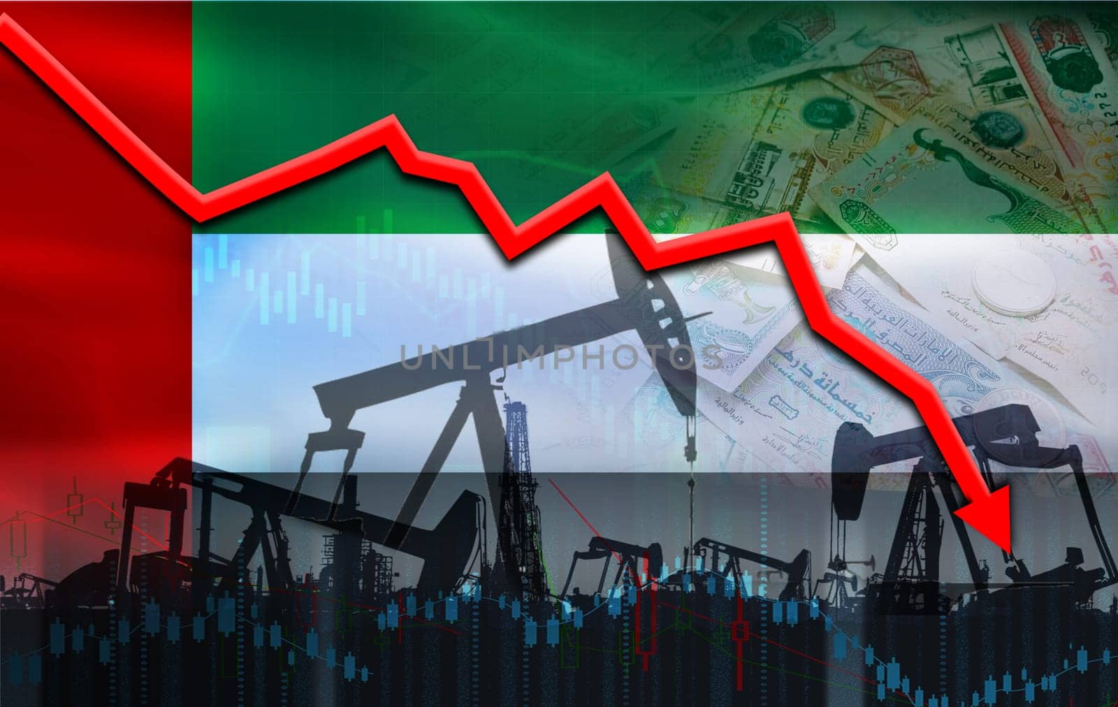 Oil crisis with Dubai flag on economic graph. Dubai Oil production crisis