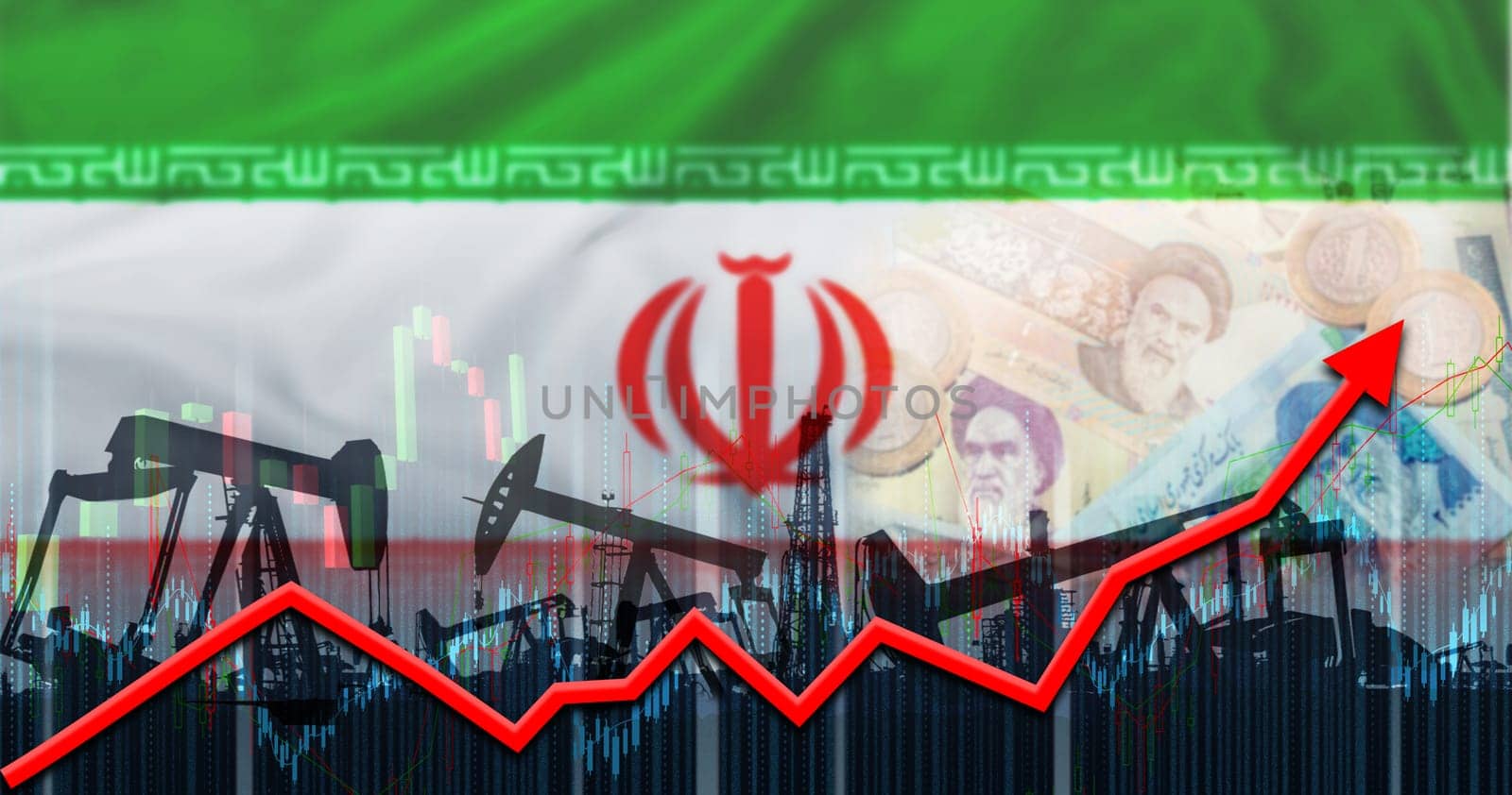 Oil industry with iran flag on financial graph. Iranian oil production on economic graph