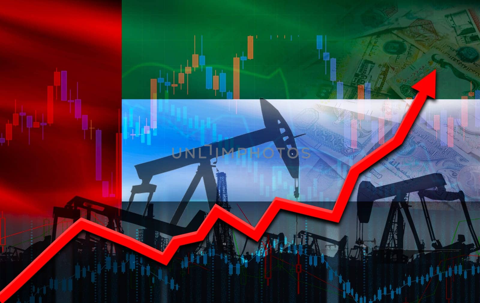 Dubai oil growth concept. Oil production with Dubai flag, petrol industry