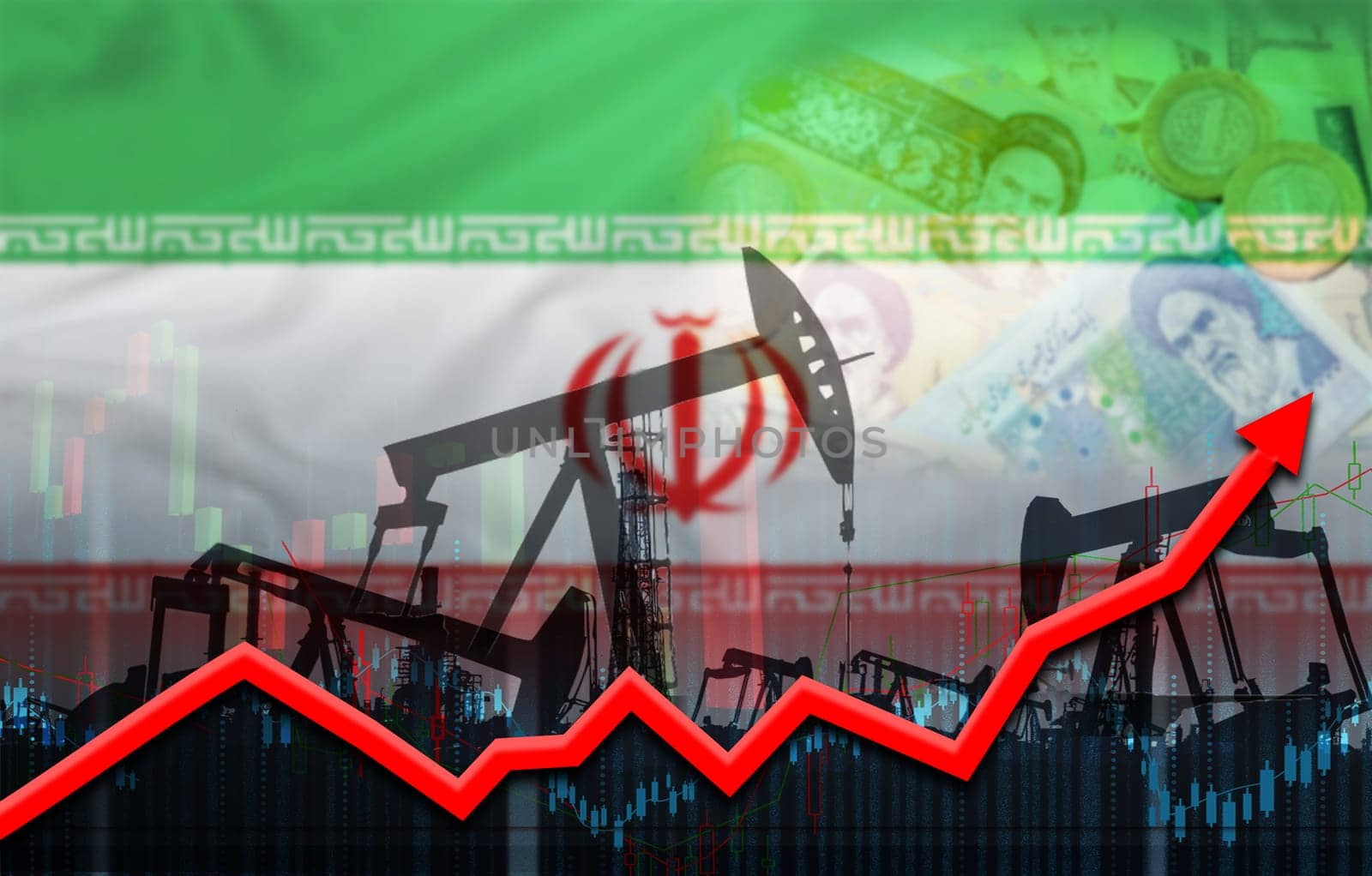 Iranian oil production on economic graph. Oil industry with iran flag on financial graph