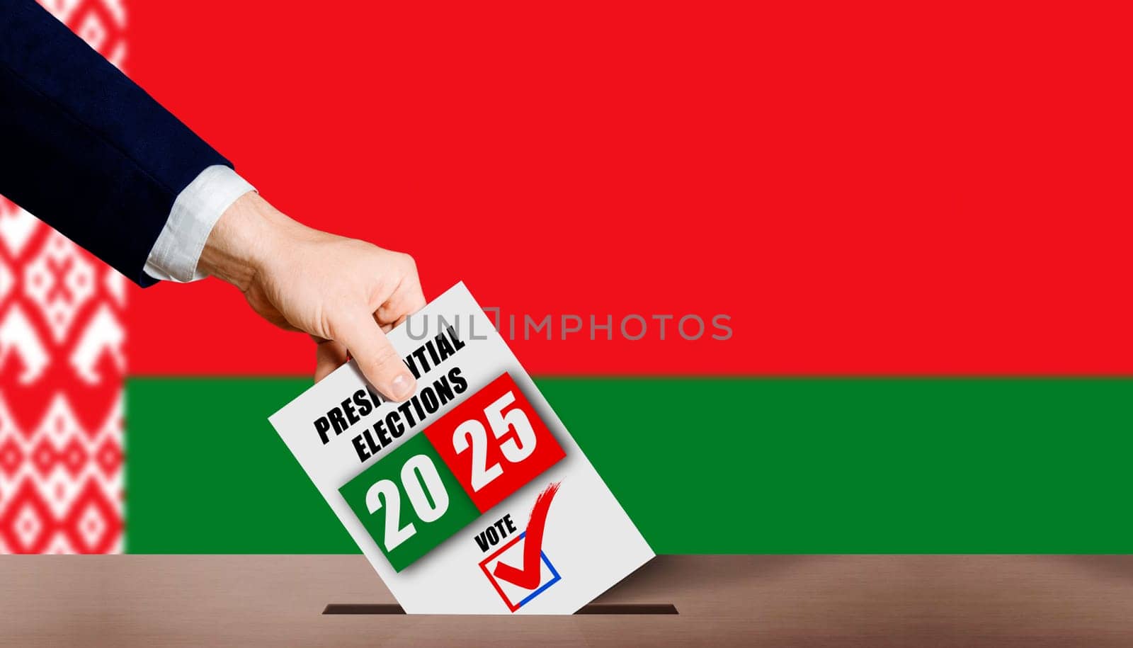 Belarus presidential elections. Hand holding ballot in voting ballot box with Belarusian flag