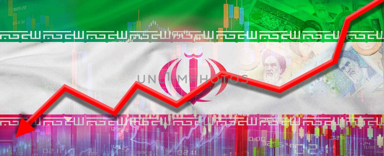 Financial fall of Iran on economy market. Iran financial crisis on economic graph
