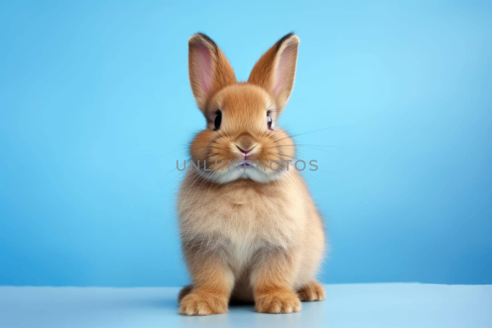 Beautiful fluffy bunny posing. Easter bunny on blue sky background