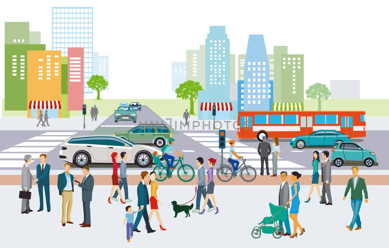 City overview with traffic and houses, illustration