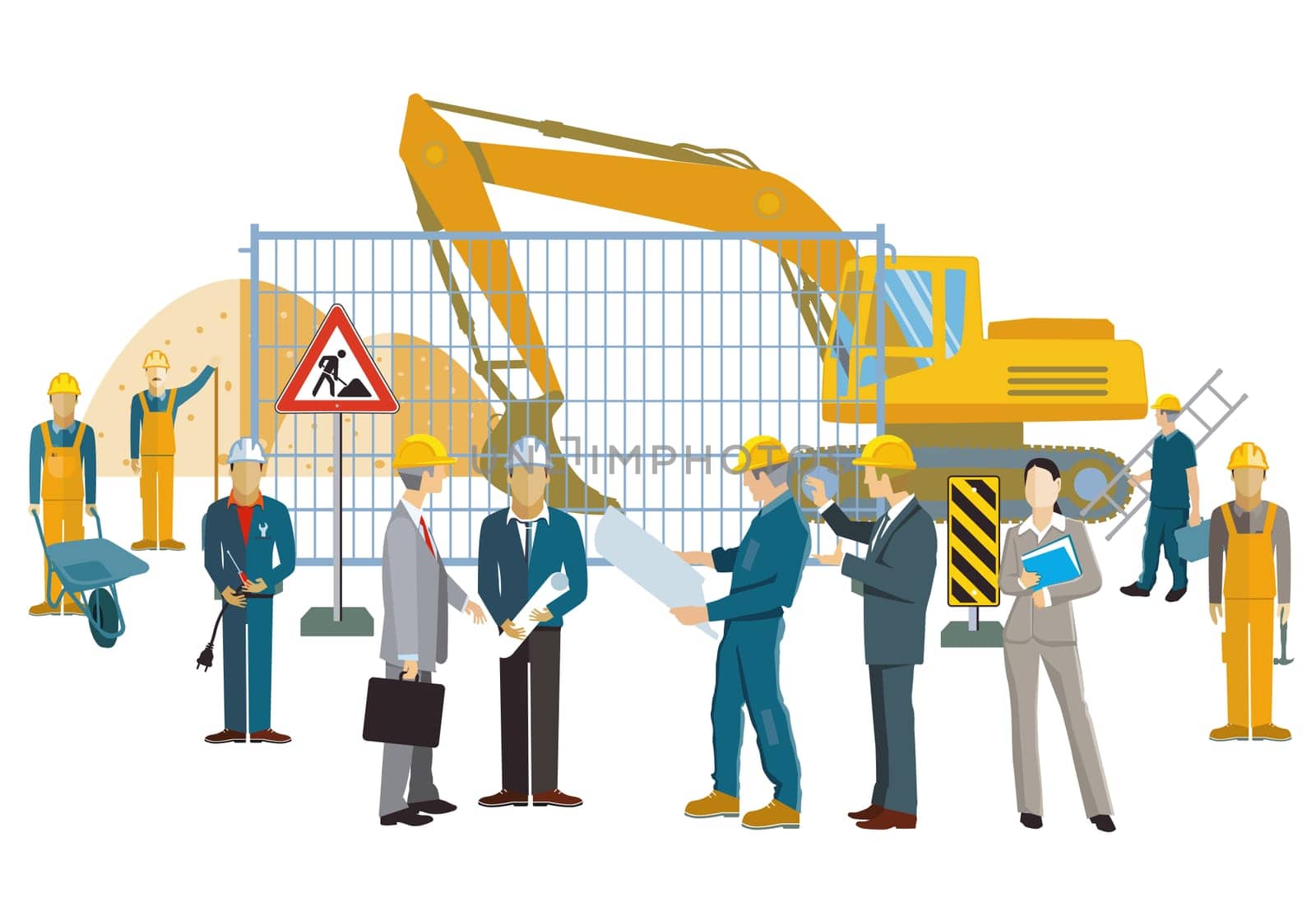 Construction workers and architects with construction machinery, illustration