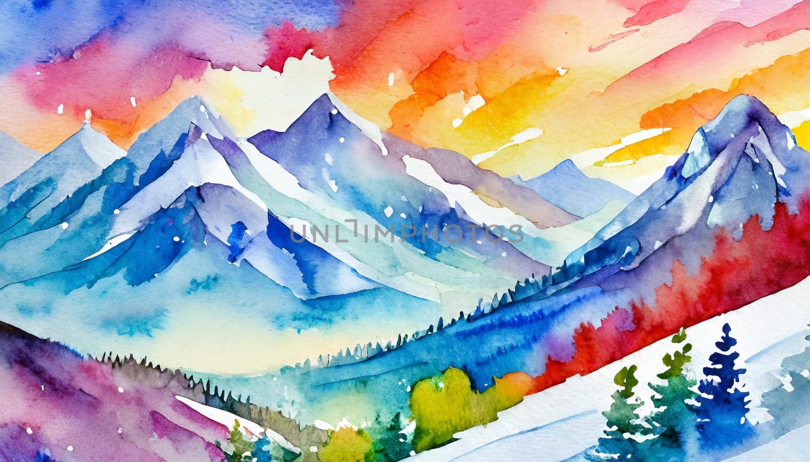 Vibrant Watercolor Mountain Landscape - Generative Art