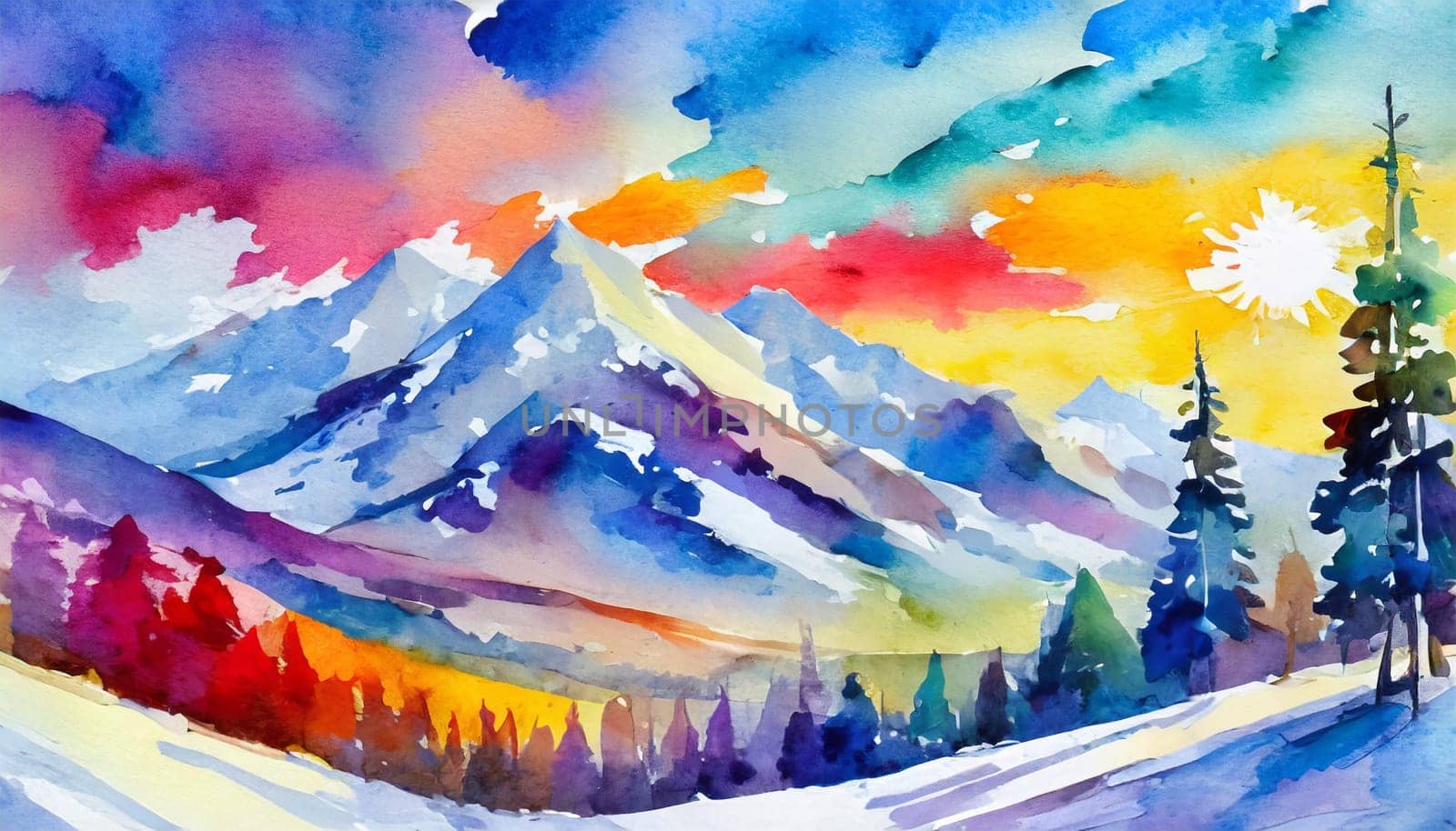 Vibrant Watercolor Mountain Landscape - Generative Art