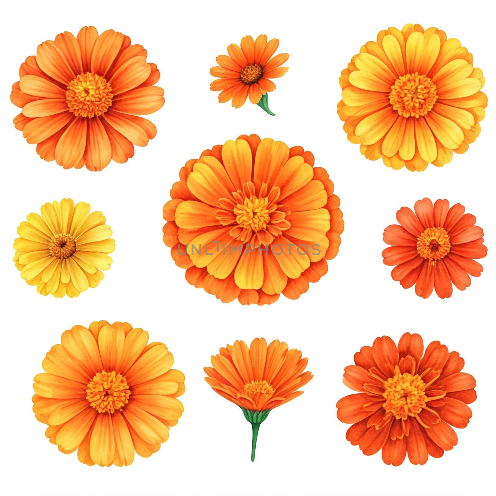 Orange Marigold (Calendula) Flower Collection, White Background - Generative AI
