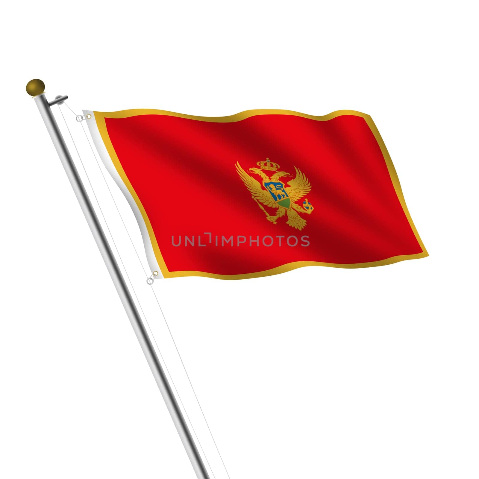 A Montenegro flagpole 3d illustration on white with clipping path