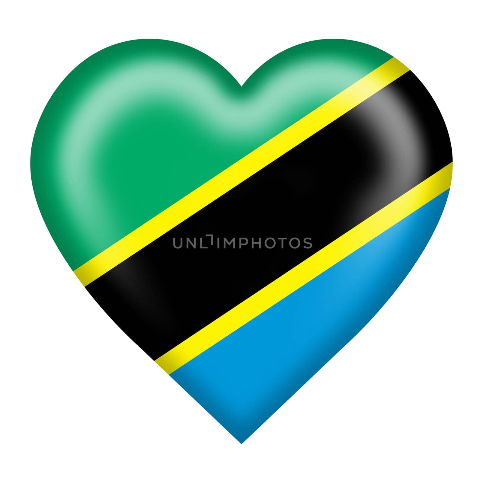 A Tanzania flag heart button isolated on white with clipping path 3d illustration blue black yellow stripe green blue