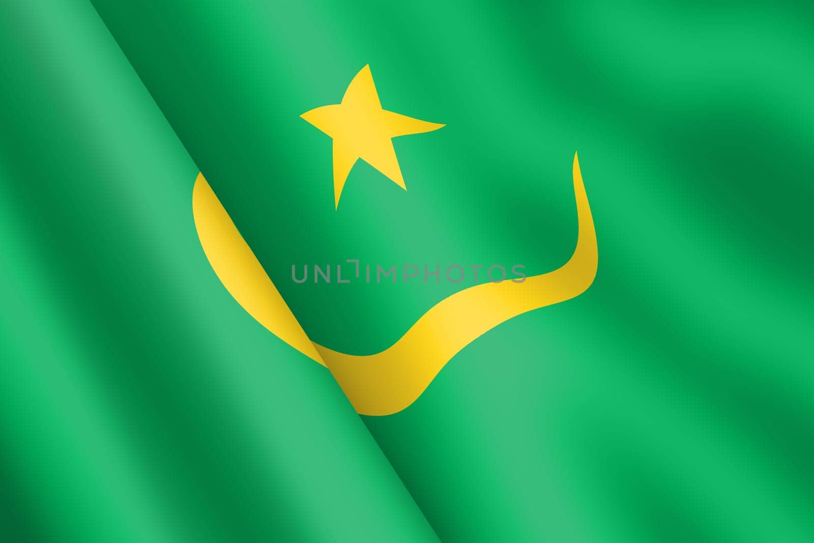A Mauritania waving flag 3d illustration wind ripple green yellow star crescent moon