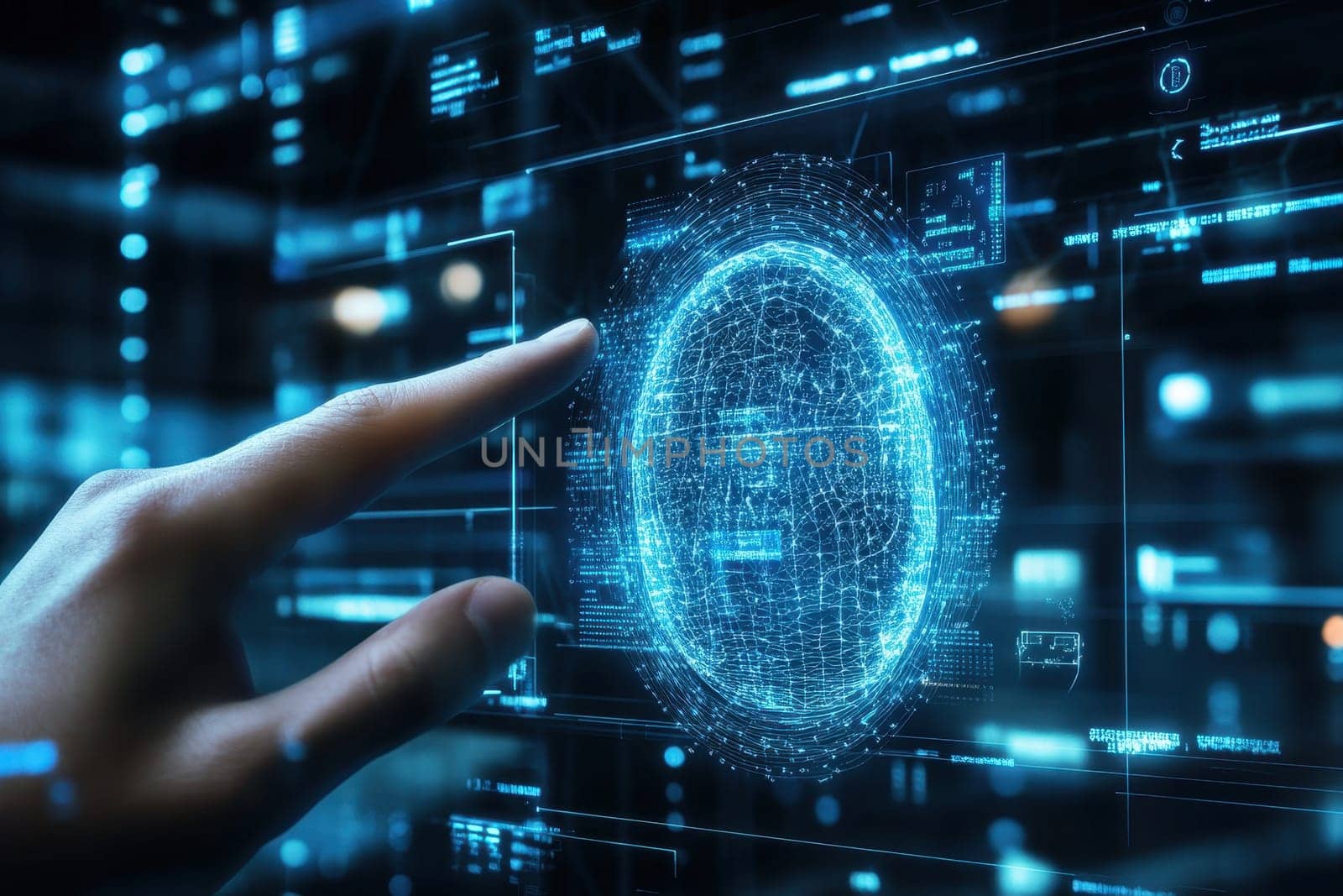 A user interacts with a futuristic digital interface, utilizing fingerprint technology to navigate queries and profiles. The hand illustrates seamless integration with digital systems.
