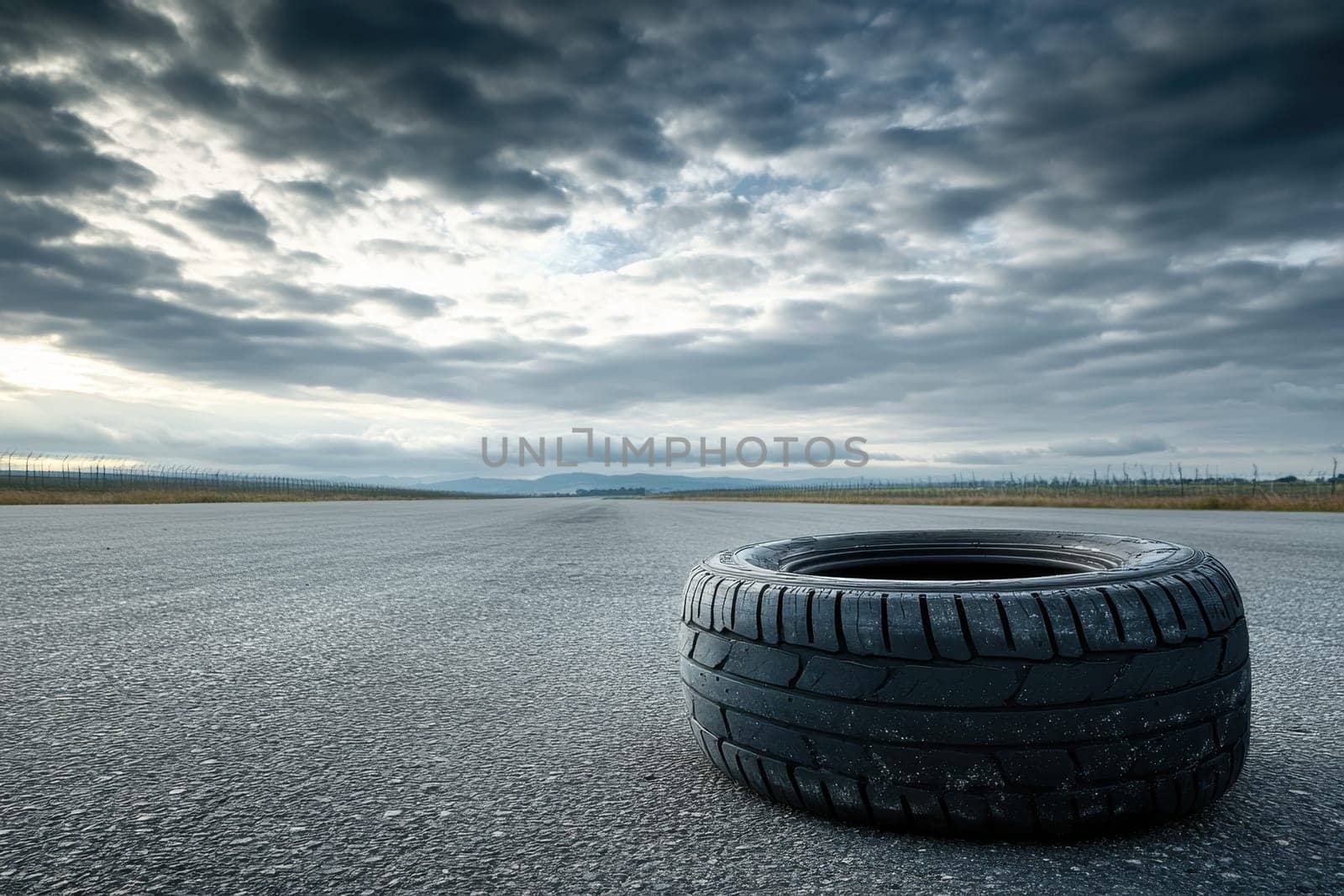 This image showcases an isolated tire resting on a smooth asphalt surface under a cloudy sky. The soft reflections enhance its rugged texture, evoking a sense of solitude and stillness.