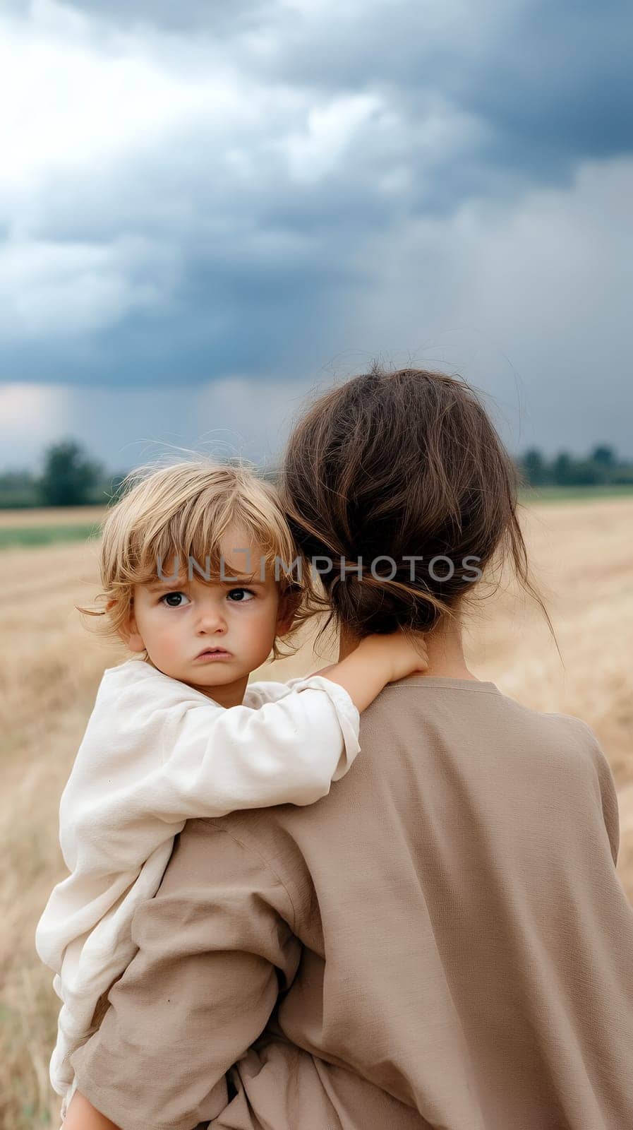 A child with a concerned expression is carried by their mother in a field under a cloudy sky.