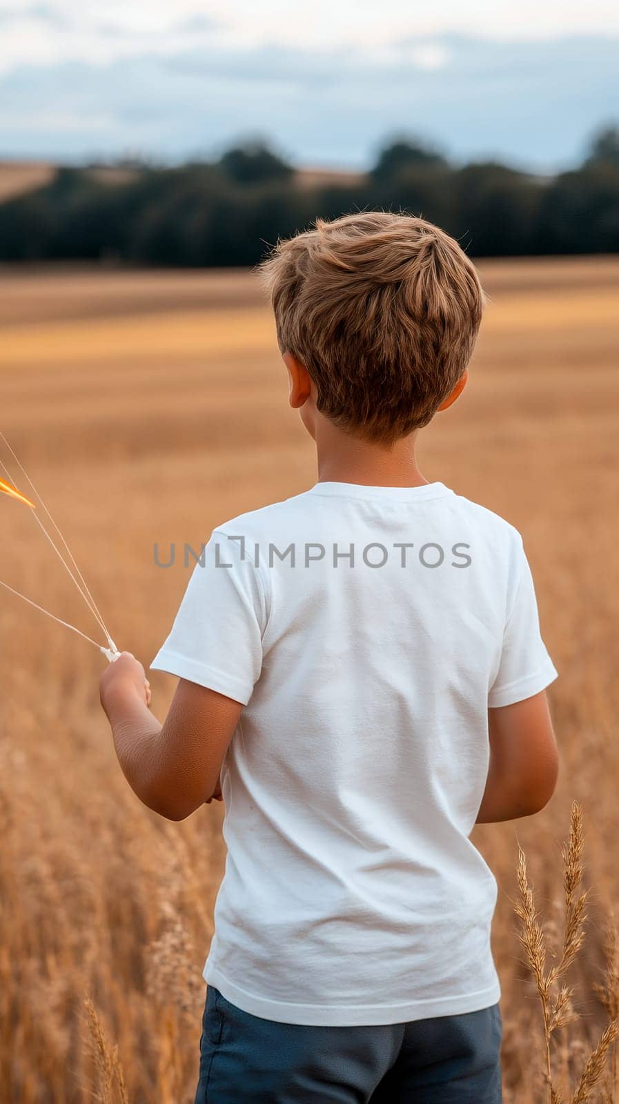Young boy in a white shirt flying a kite in a vast golden field, enjoying a breezy day outdoors.