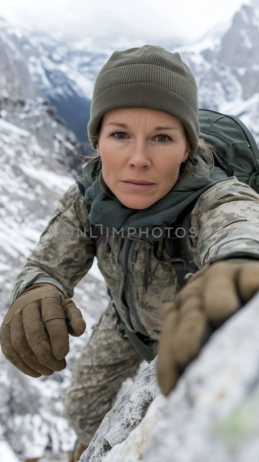 A determined woman in outdoor gear climbing a snowy mountain, showcasing strength and perseverance.