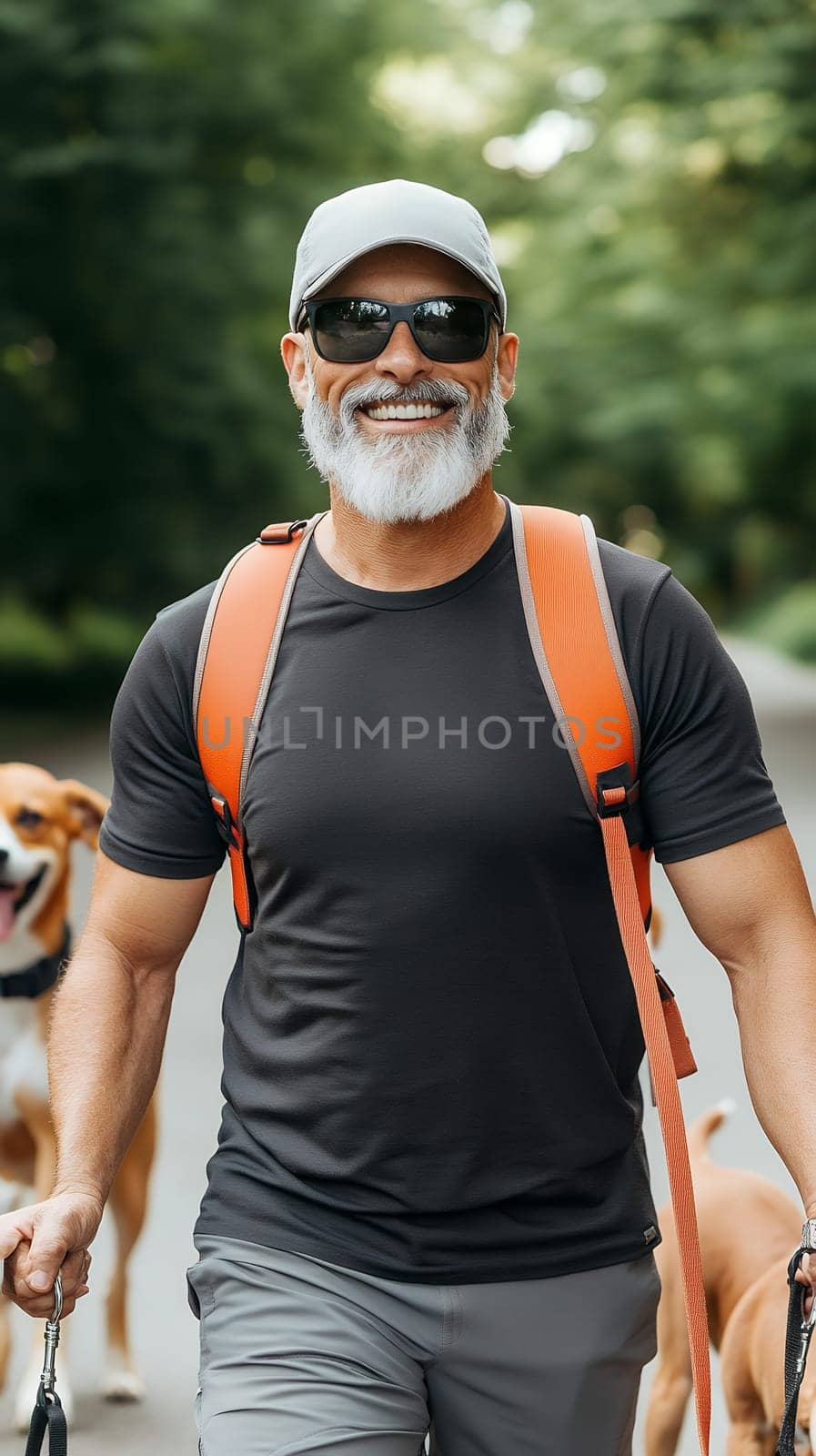 Elderly man with a white beard enjoying a walk with his dogs in a lush park, wearing sunglasses and a backpack.