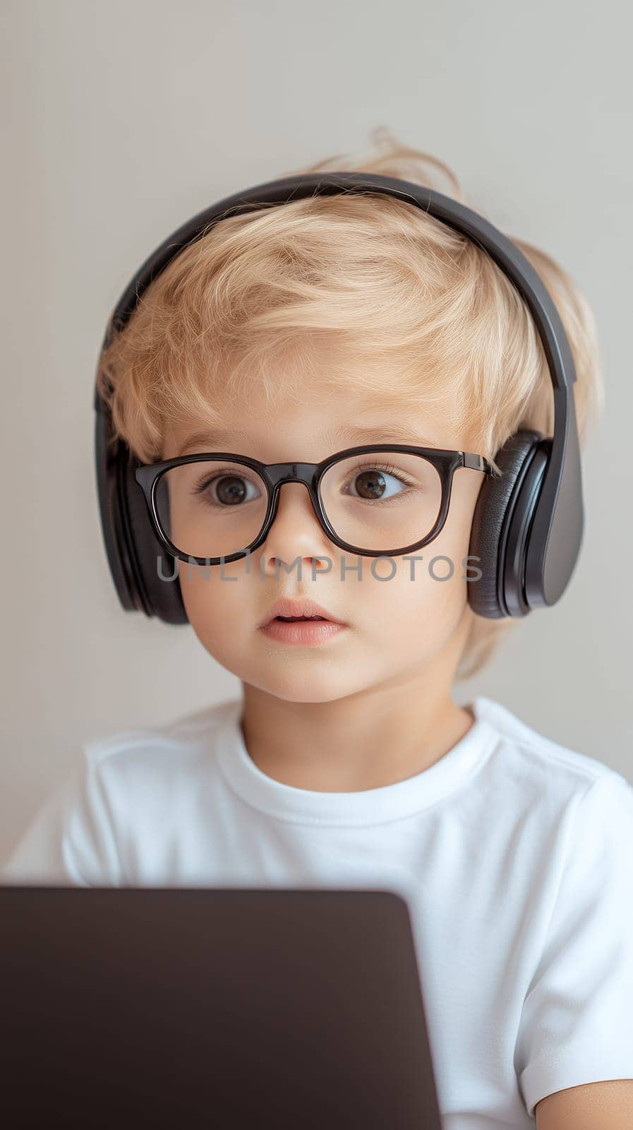 A toddler wearing headphones and glasses looks intently at a screen, showcasing focus and engagement.