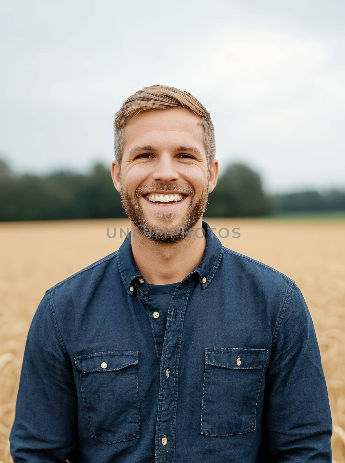 Cheerful man in a denim shirt standing in a golden wheat field, embracing the beauty of nature on a sunny day.