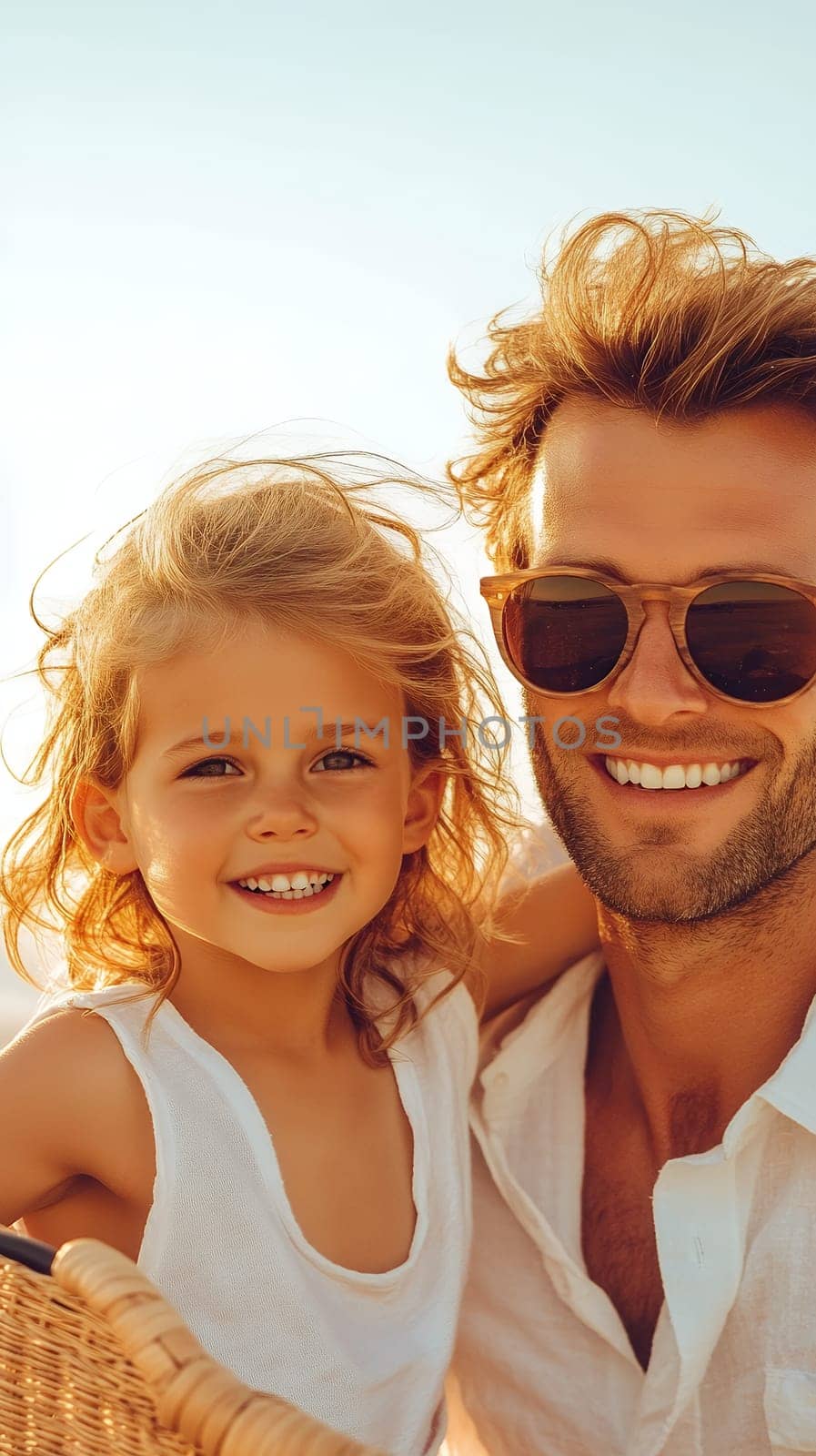 Father and daughter smiling at sunset, enjoying a special moment together with warmth and affection.